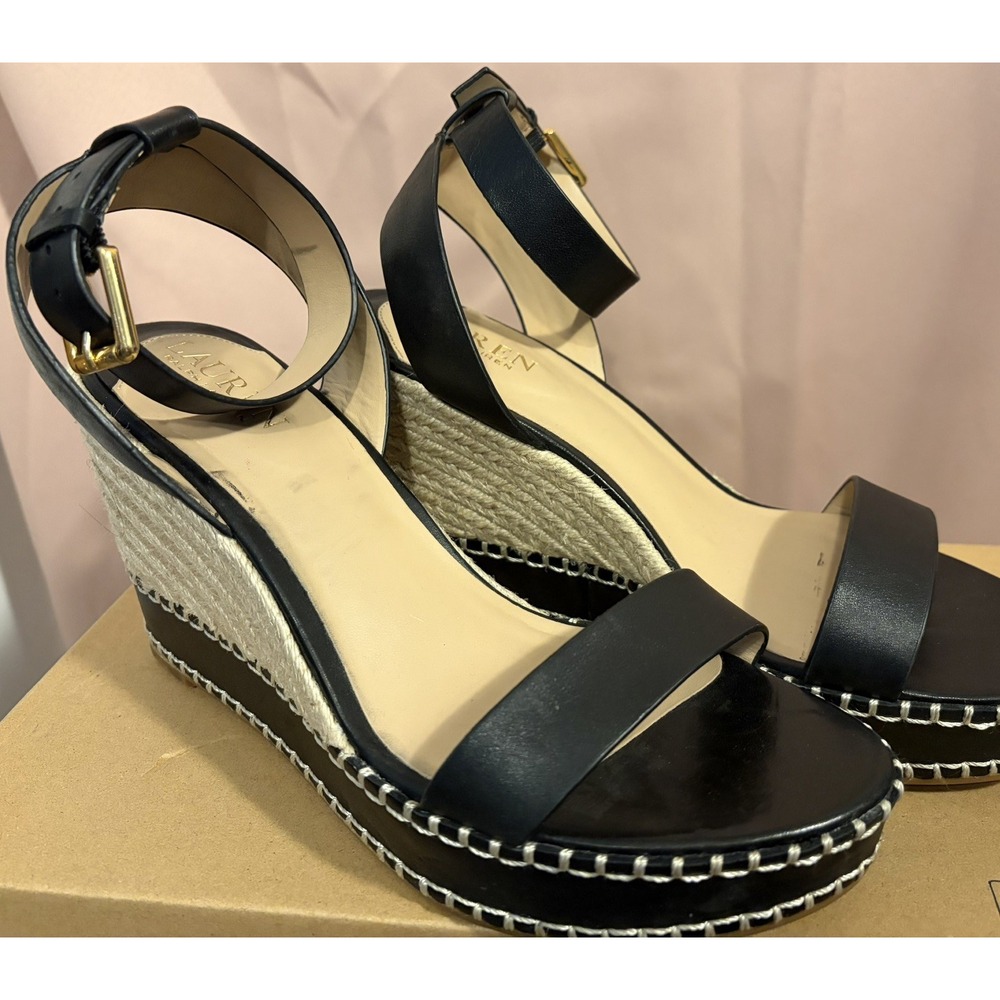 Lauren Ralph Lauren Hilarie Black Leather Espadrille Wedge Sandals Women's 9.5